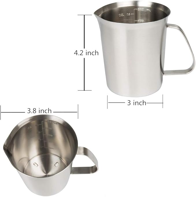 Measuring Cup, Stainless Steel Measuring Cup (16 Ounce/ 0.5 Liter- 2 Cup), Milk Frothing Pitcher, Steaming Pitcher, Milk Frothing Cup Jug with Marking with Handle for Espresso Machines, Latte Art