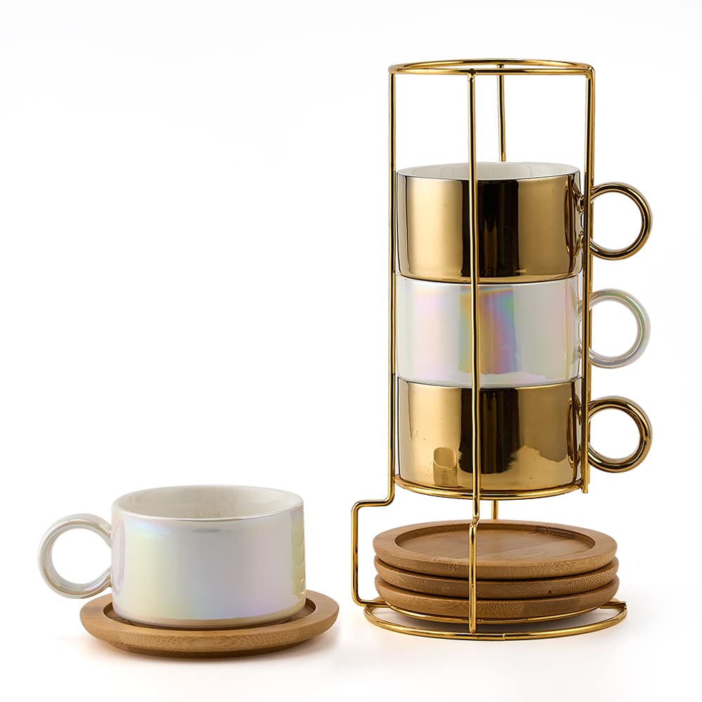 LUKA Porcelain Espresso Cup with Metal Stand,6 Ounce Stackable Ceramic Demitasse Espresso Mugs Cappuccino Cups Set for Latte,Coffee,Cafe Mocha,Tea - Set of 4 (Plaid Red & Gray)