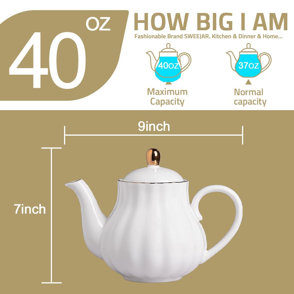 Sweejar Royal Teapot, Ceramic Tea Pot with Removable Stainless Steel Infuser, Blooming & Loose Leaf Teapot - 40 Ounce (Jade)