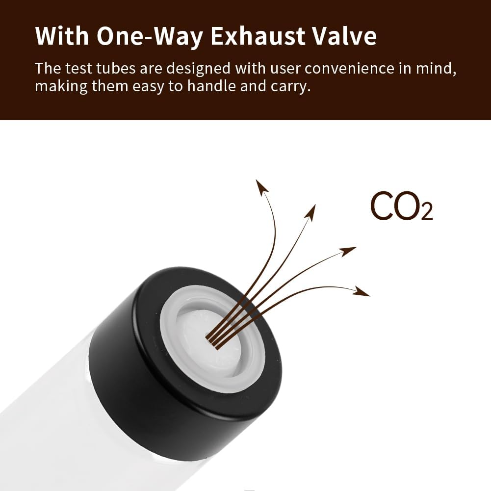 watchget Single Dose Coffee Storage Tubes 10 Pcs Dosing Glass Vials with One-way Exhaust Valve Lids Coffee Bean Storage Coffee Bean Cellar with Hopper & Wood Base, B