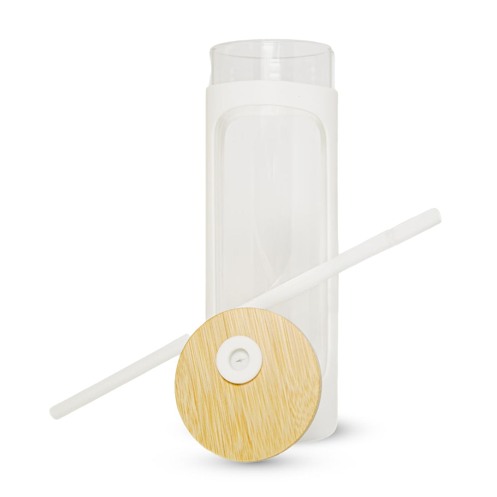 haelo 20oz Glass Tumbler Water Bottle, Iced Coffee Cup with Straw, Silicone Protective Sleeve, Bamboo Lid Reusable BPA Free (Amber)