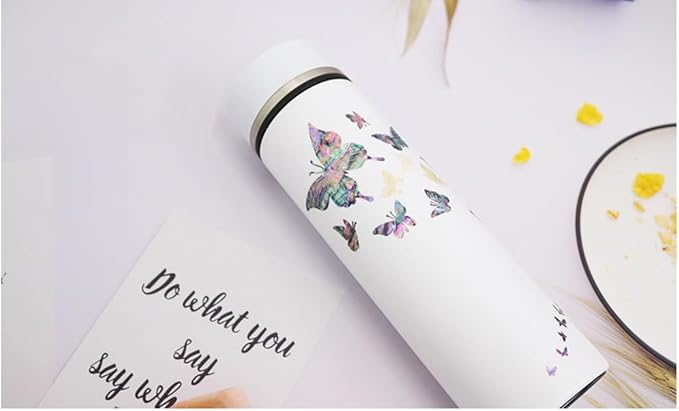 Mother of Pearl Design Stainless Steel Water Bottle with Tea Infuser Strainer 17 oz Leakproof Screw Cap Wide Mouth Double Wall Vacuum Insulated Travel Sport Water Flask Thermo Mug (Butterfly White)