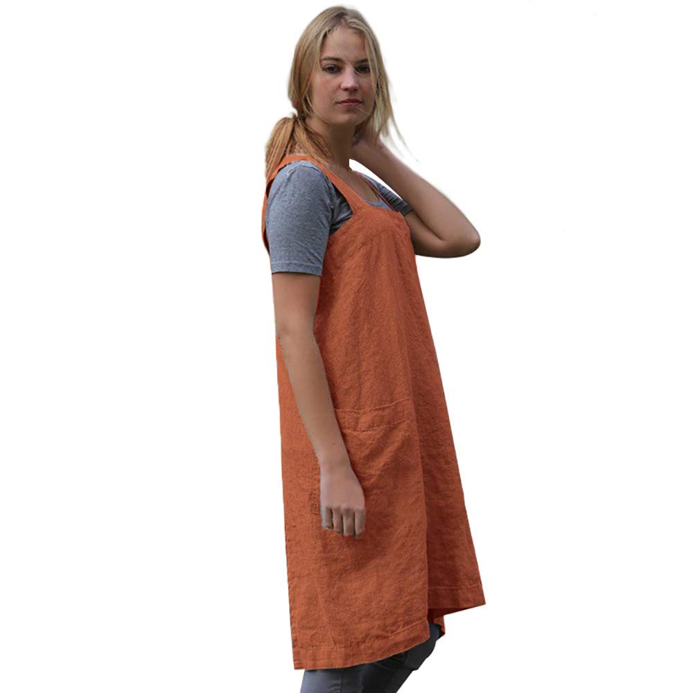Larmliss Women's Pinafore Square Apron Baking Cooking Gardening Works Cross Back Cotton/Linen Blend Dress with 2 Pockets Orange-XL