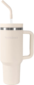 NebkDask 40 oz Tumbler with Handle and Straw - Insulated Stainless Steel Travel Mug, Cup Holder Friendly Water Bottle Extra Large Double Wall Coffee Thermos,Dishwasher Safe,BPA Free(Cream White)