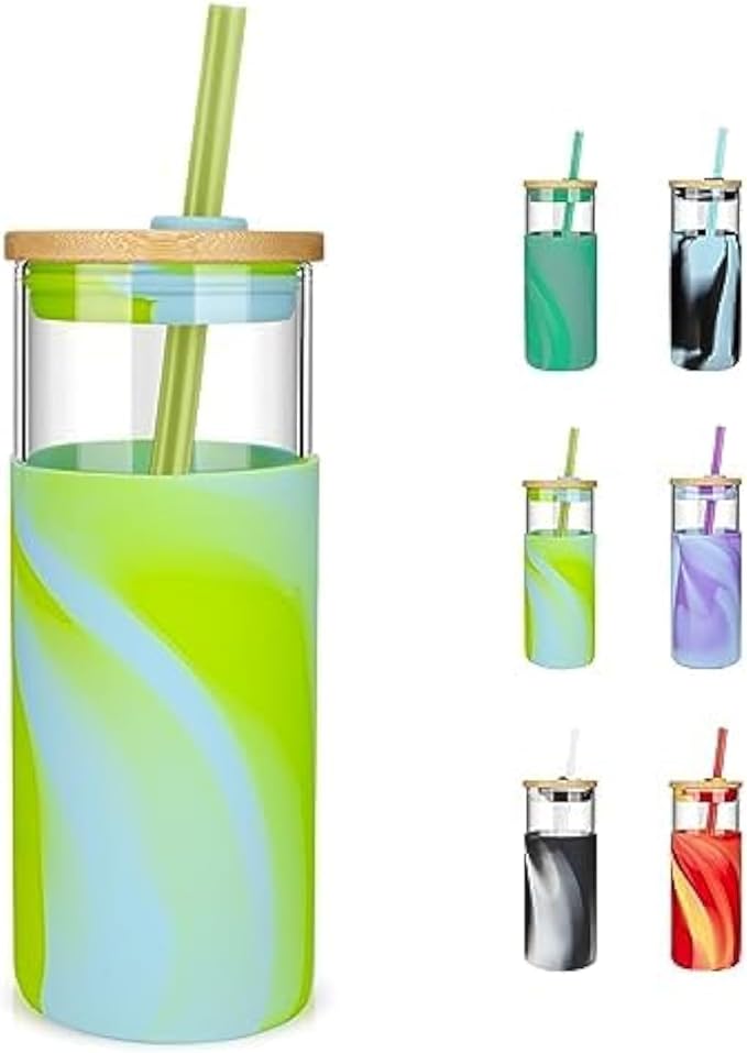 Tronco 20 oz Glass Tumbler with Straw and Lid- Glass Cup with Lid and Straw, Iced Coffee Cup Reusable, Smoothie Cups, Bamboo Lid and Protective Silicone Sleeve - BPA-Free
