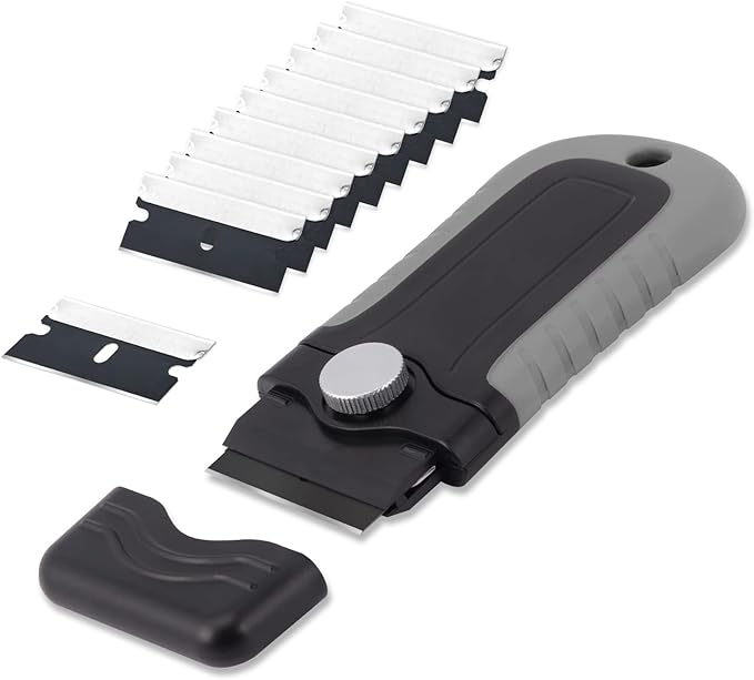 Gomake Locking Razor Blade Scraper with Safety Cap, Glass Cooktop Scraper with 10PCS Black Carbon Steel Blades for Glass Clean, Paint and Old Label,Decal Sticker Remover, Stove Top Scraper Tool