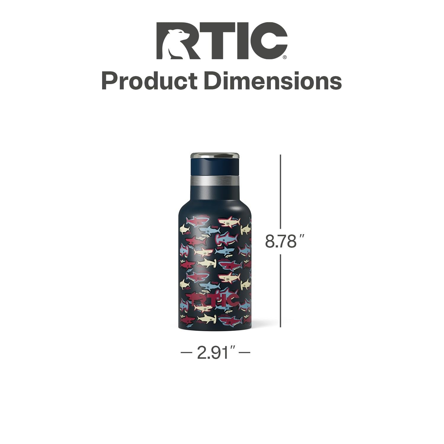 RTIC Little Journey Water Bottle with Straw, Ceramic Lined, Navy Sharks