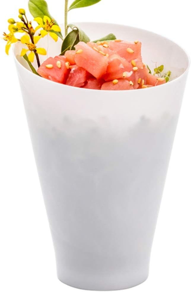 Restaurantware 5 Ounce Mini Dessert Cups 100 Disposable Parfait Cups - Round Slanted Clear Plastic Shooter Cups Serve Appetizers Snacks or Samples For Weddings Catered Events or Parties