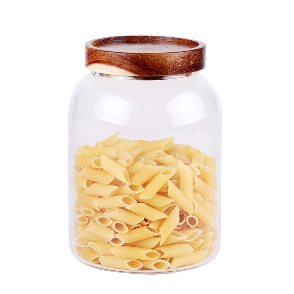Large Glass Jar with Airtight Lid Set of 2 93 FL OZ(2750ml) glass canister set, Glass Food Containers Wooden Lid Suit for Kitchen Pantry for Flour, Tea, Coffee Beans, Sugar, Cookies(8.8 inch high)