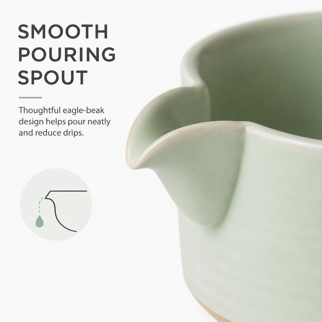 OUGETHER Matcha Traditional Porcelain Tea Bowl with Pour Spout - Hand Made Porcelain with Light Green Matte Glaze - Perfectly Whisked Matcha Green Tea, 430ml/ 14.5oz