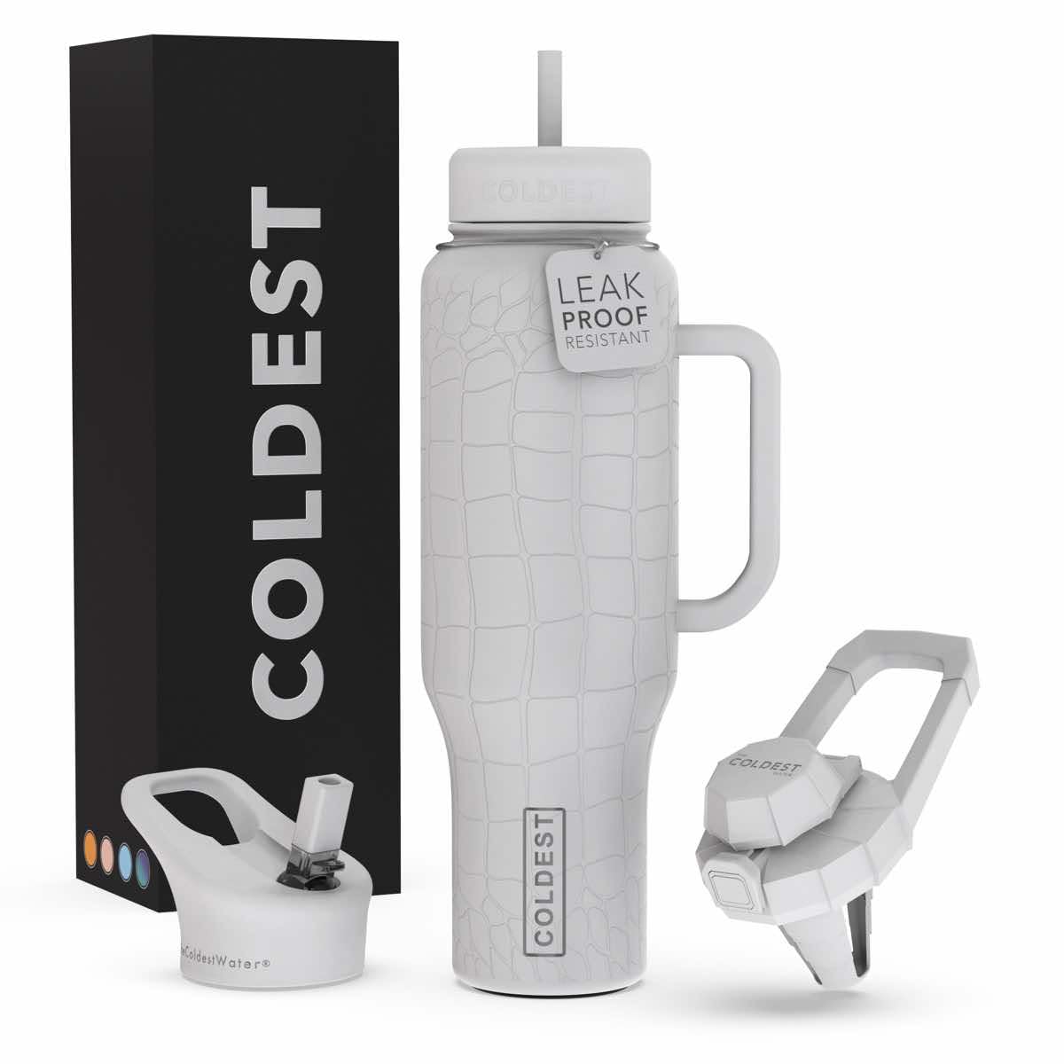 Coldest Tumbler with Handle and Straw - 100% Leak Proof Insulated Tumbler with Lid and Straw (3 Lids) - Stainless Steel Tumblers for Women & Men - Cup Holder Friendly Base, 46 oz (White Croc)