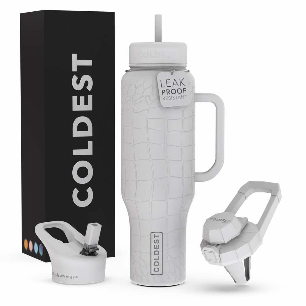 Coldest Tumbler with Handle and Straw - 100% Leak Proof Insulated Tumbler with Lid and Straw (3 Lids) - Stainless Steel Tumblers for Women & Men - Cup Holder Friendly Base, 46 oz (White Croc)