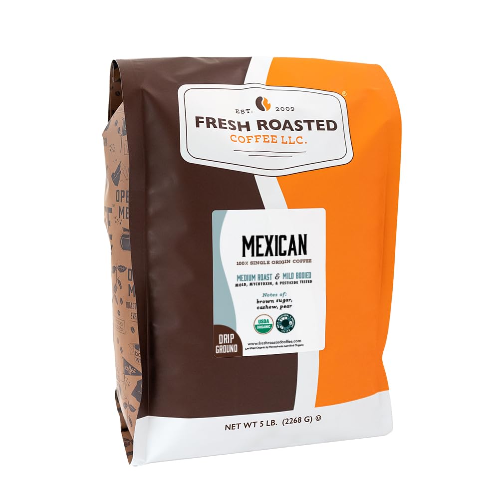 Fresh Roasted Coffee, Organic Mexican Drip Ground Coffee, Medium Roast, USDA Organic, 3rd Party Tested for Mold, Mycotoxin & Pesticides, Kosher, 5 lb (80 oz)