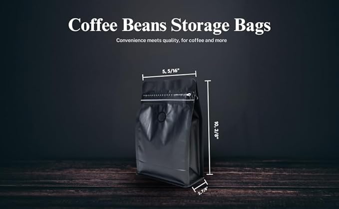 Premium Coffee Bags with Valve (100 pcs, 16 oz) Standing Coffee Beans Storage Bags, Reusable Heat Sealable Side Zipper Pouches, Eco-Friendly Packaging, Perfect for Home and Office - Black