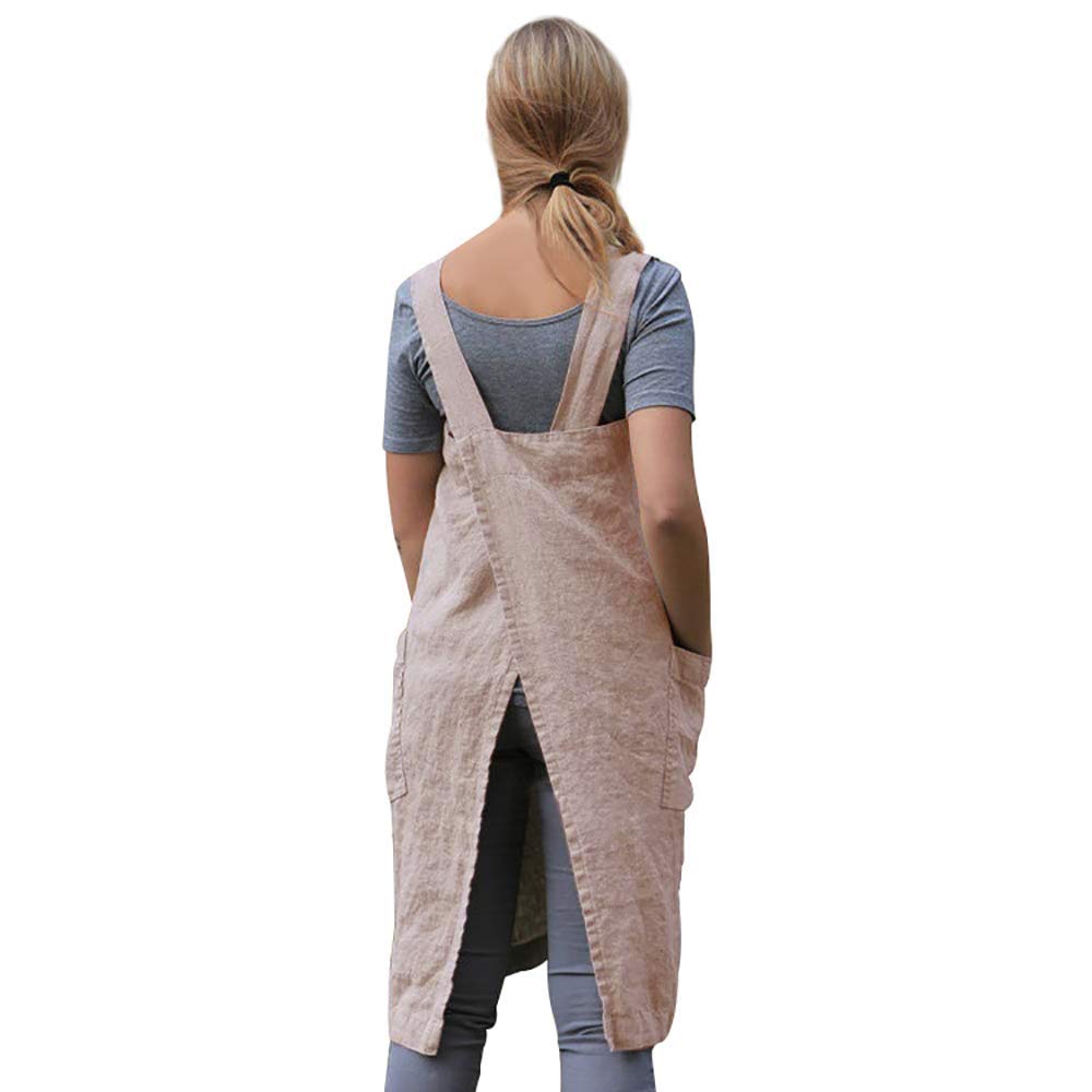 Larmliss Women's Pinafore Square Apron Baking Cooking Gardening Works Cross Back Cotton/Linen Blend Dress with 2 Pockets Pink-XL