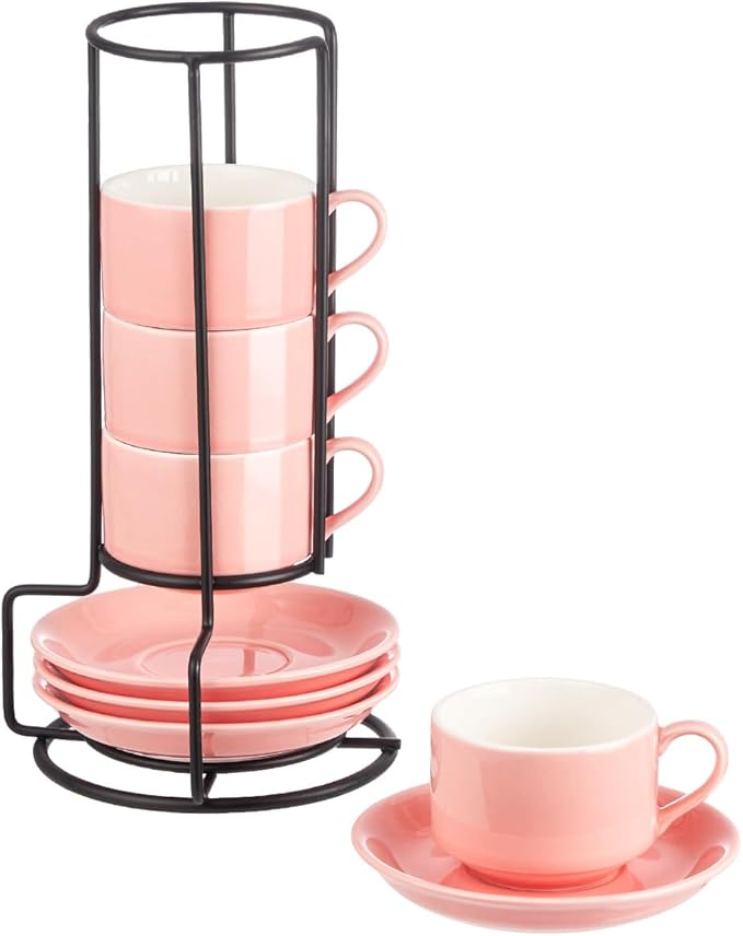 YOLIFE 2.5oz Porcelain Stackable Espresso Cups with Saucers and Metal Stand Set of 4, Stackable Cappuccino Cups, Pink Expresso Shots Cup Set for Coffee Drinks, Latte, Tea