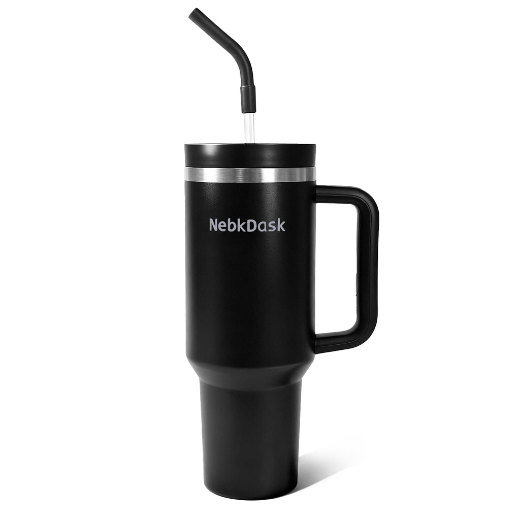 NebkDask 40 oz Tumbler with Handle and Straw - Insulated Stainless Steel Travel Mug, Cup Holder Friendly Water Bottle Extra Large Double Wall Coffee Thermos,Dishwasher Safe,BPA Free(Cream White)