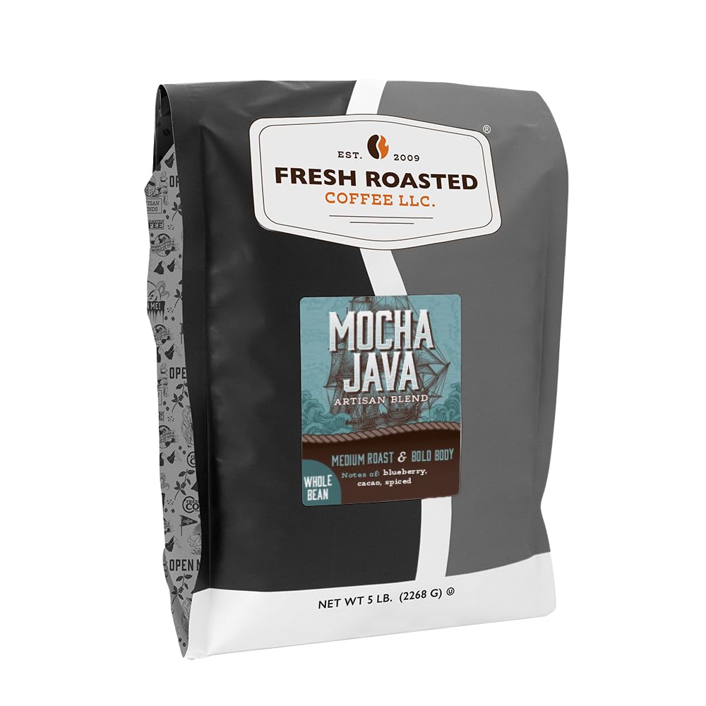 Fresh Roasted Coffee, Mocha Java Whole Bean Coffee, Medium Roast, Kosher, 5 lb (80 oz)