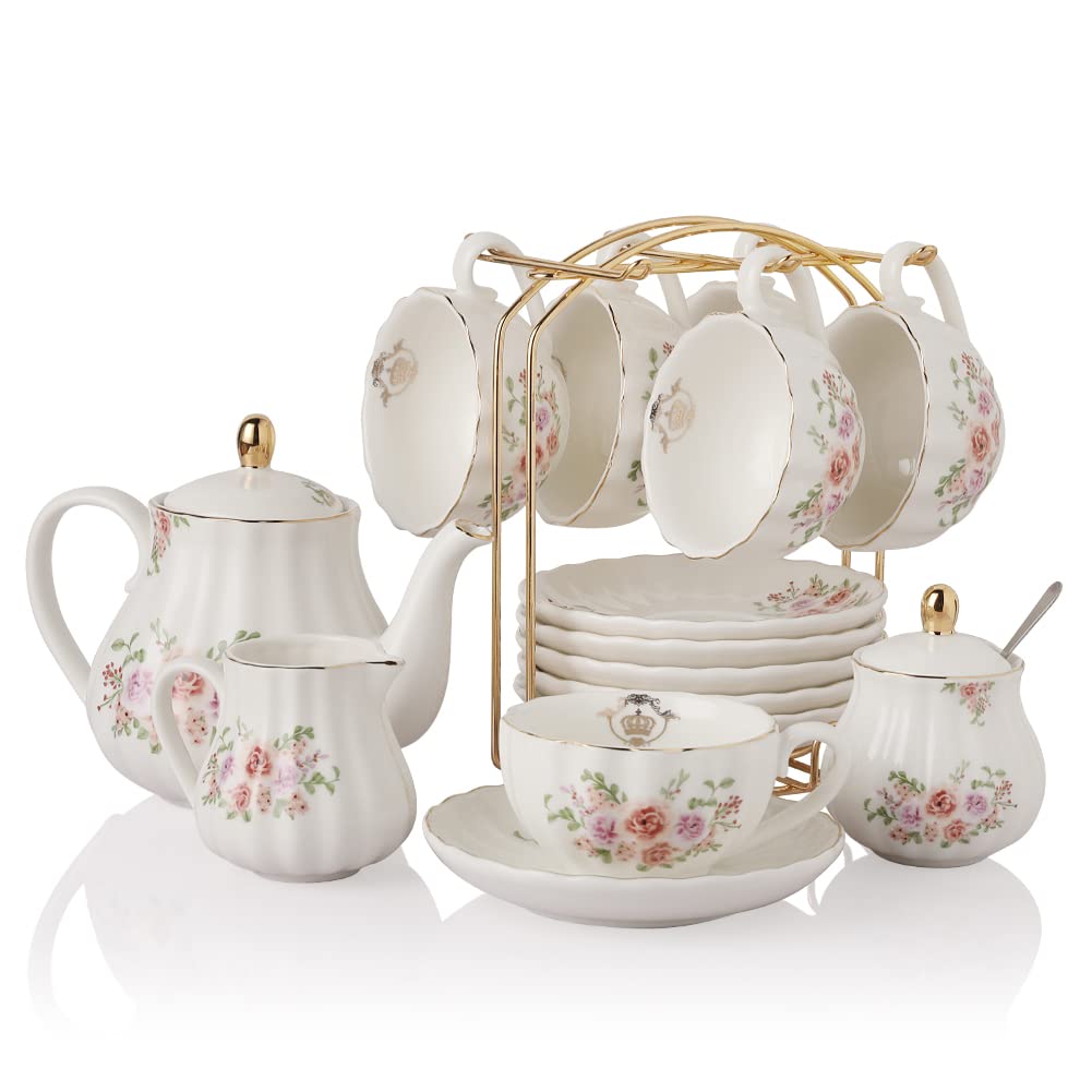 Sweejar Porcelain Tea Sets British Royal Series, 8 OZ Cups & Saucer Service for 6, with Teapot Sugar Bowl Cream Pitcher Teaspoons and Tea Strainer, Suitable for High Tea, Wedding, Party(Blush Pink)