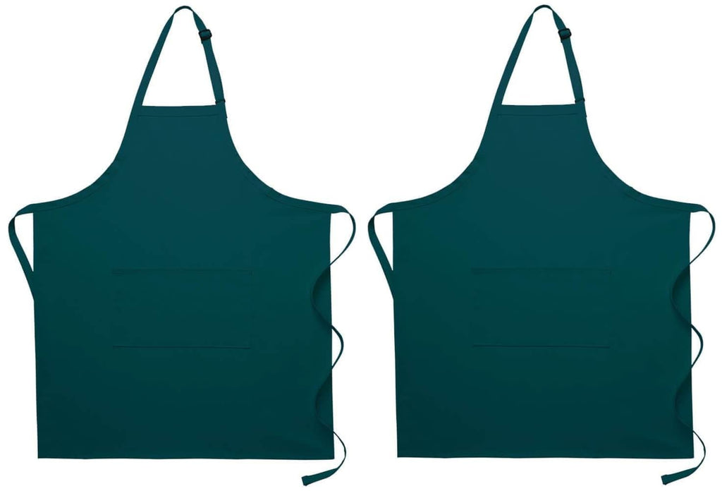 Pomp Forest Green 2 Pack Premium Bib Aprons | Adjustable Neck + 2 Pockets | Water + Oil Resistance | Kitchen Cooking Aprons For Men & Women