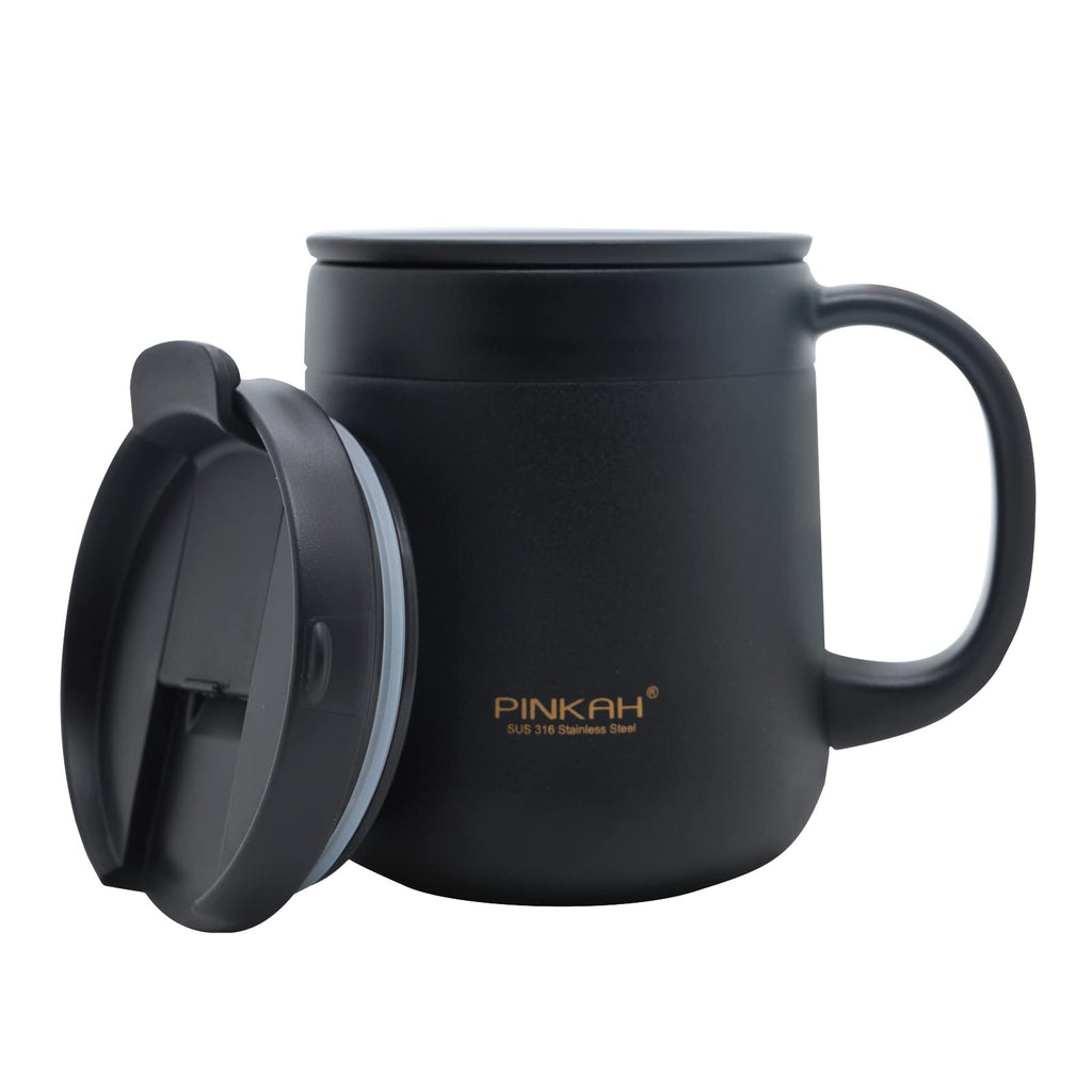 PINKAH 11OZ 330ML Stainless Steel Insulated Coffee Mug with Handle, Double Wall Stainless Steel Tumbler Cup with 2 Lids, Black