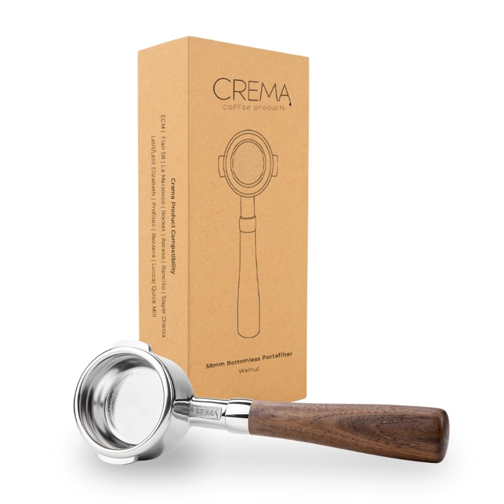 CREMA Coffee Products 58mm Bottomless Naked Portafilter | Compatible with 58mm Breville Machines | Includes Double Shot Filter Basket | Walnut