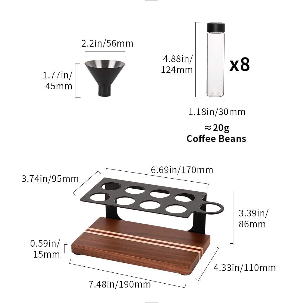 watchget Single Dose Coffee Storage Tubes 10 Pcs Dosing Glass Vials with One-way Exhaust Valve Lids Coffee Bean Storage Coffee Bean Cellar with Hopper & Wood Base, B