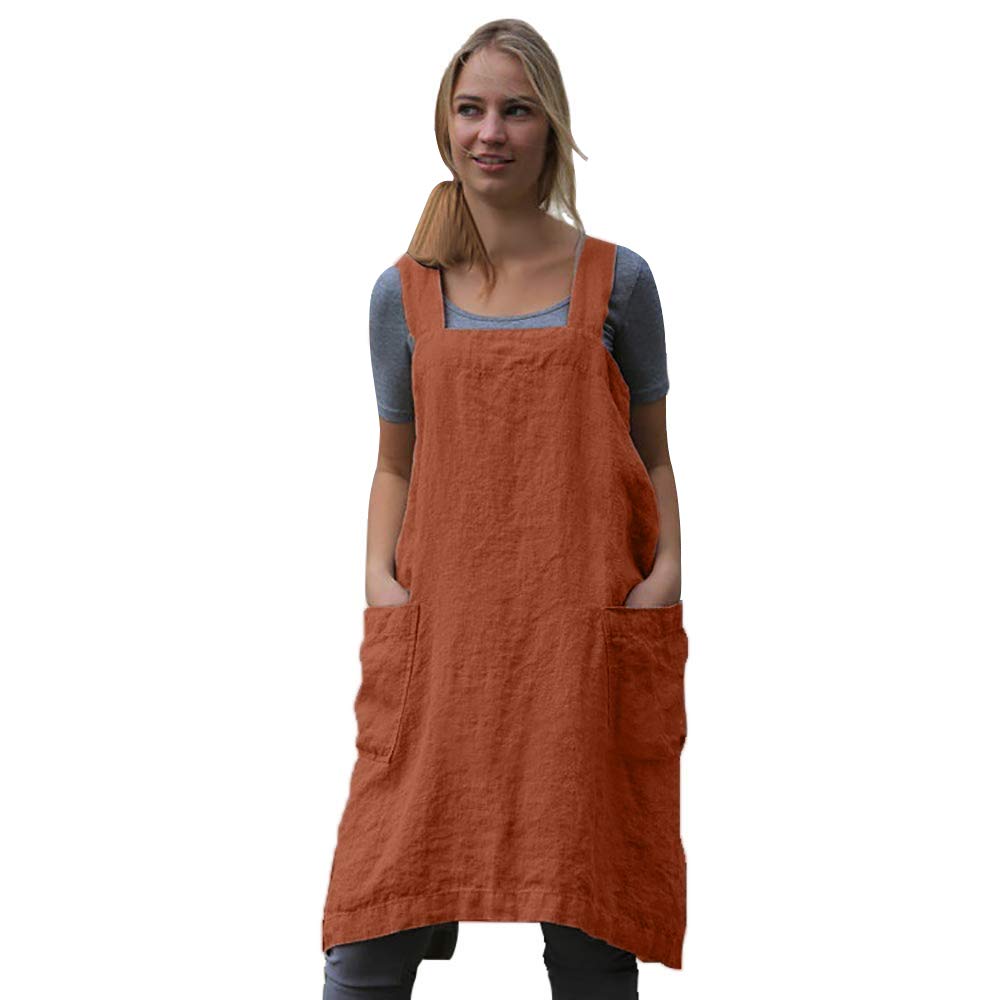 Larmliss Women's Pinafore Square Apron Baking Cooking Gardening Works Cross Back Cotton/Linen Blend Dress with 2 Pockets Orange-XL