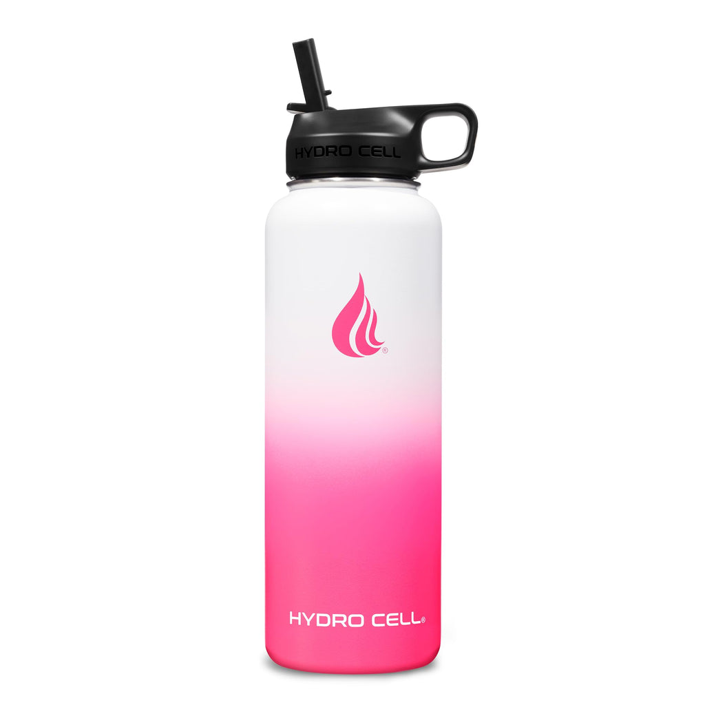 HYDRO CELL Stainless Steel Insulated Water Bottle with Straw - For Cold & Hot Drinks - Metal Vacuum Flask with Screw Cap and Modern Leakproof Sport Thermos for Adults (White/Pink 40oz)