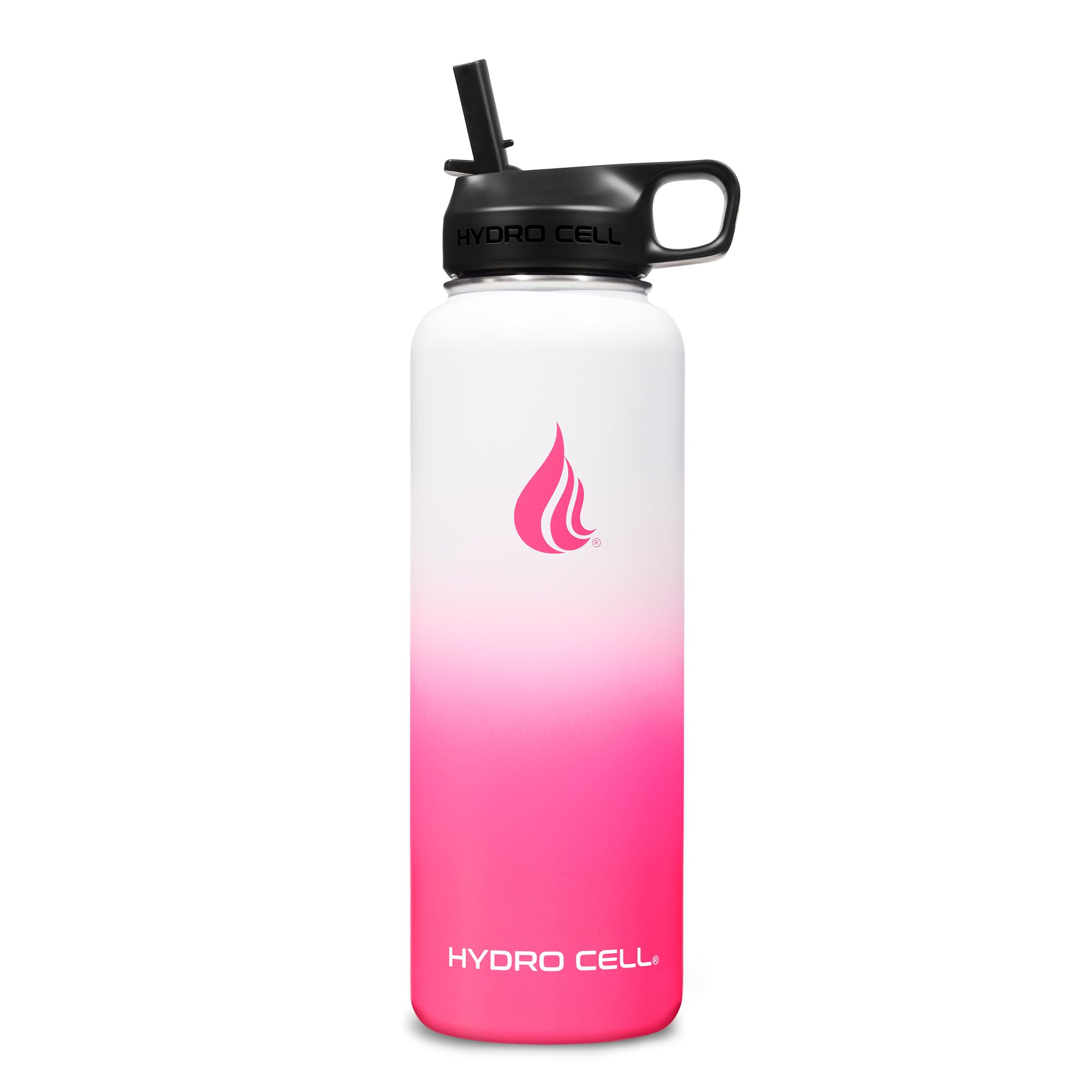 HYDRO CELL Stainless Steel Insulated Water Bottle with Straw - For Cold & Hot Drinks - Metal Vacuum Flask with Screw Cap and Modern Leakproof Sport Thermos for Adults (White/Pink 40oz)