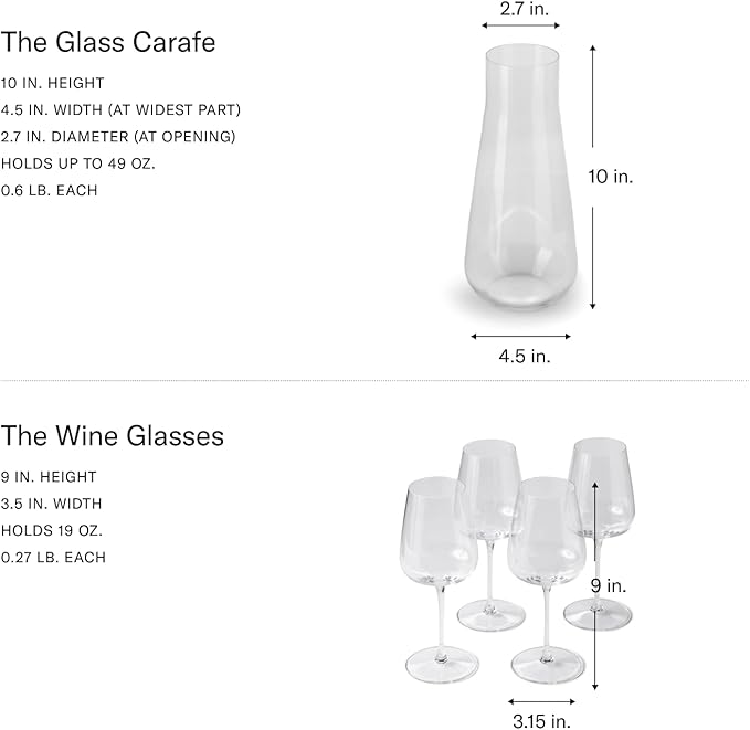Fable Premium Wine Set - Includes 4 Crystal Wine Glasses and 1 Durable Glass Carafe - Dishwasher Safe Crystalware Bundle with Matching Carafe, Clear
