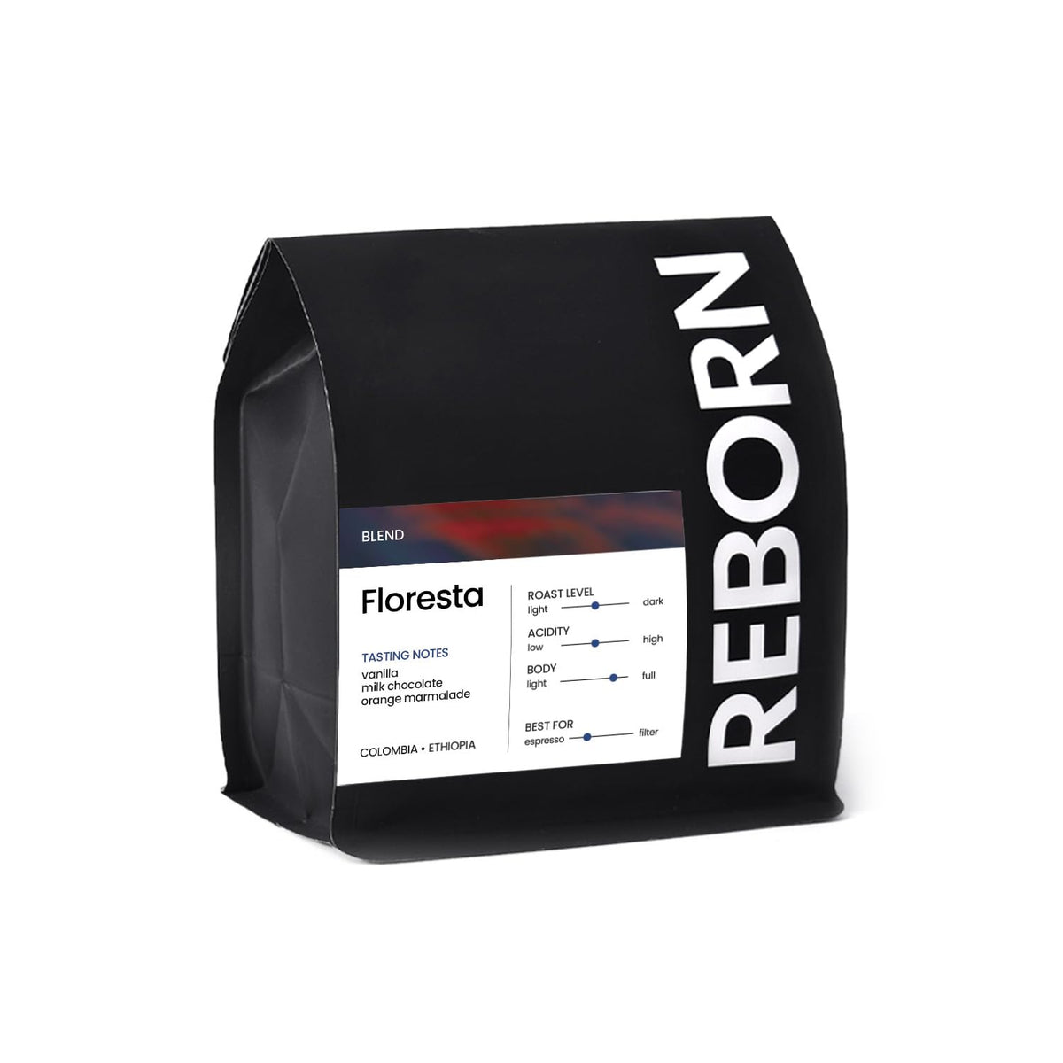 Reborn Coffee Specialty Whole Bean Coffee, Medium Roast, 12 Ounce, Reborn Signature Floresta Espresso Blend, Flavor Notes of Vanilla, Milk Chocolate, and Orange Marmalade