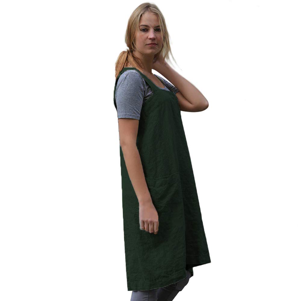 Larmliss Women's Pinafore Square Apron Baking Cooking Gardening Works Cross Back Cotton/Linen Blend Dress with 2 Pockets Dark Green-L