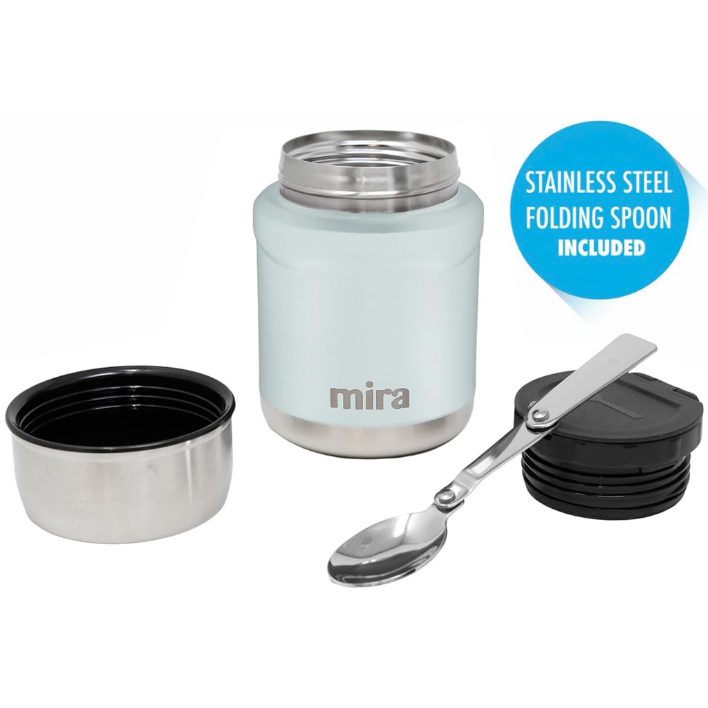MIRA 15 oz Insulated Food Thermo for hot and cold foods - Leak-Proof Stainless Steel Container with Spoon - Pearl Blue