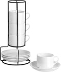 4oz Porcelain Stackable Espresso Cups with Saucers and Metal Stand Set of 4, Stackable Cappuccino Cups, White Expresso Shots Cup Set for Coffee Drinks, Latte, Americano, Tea