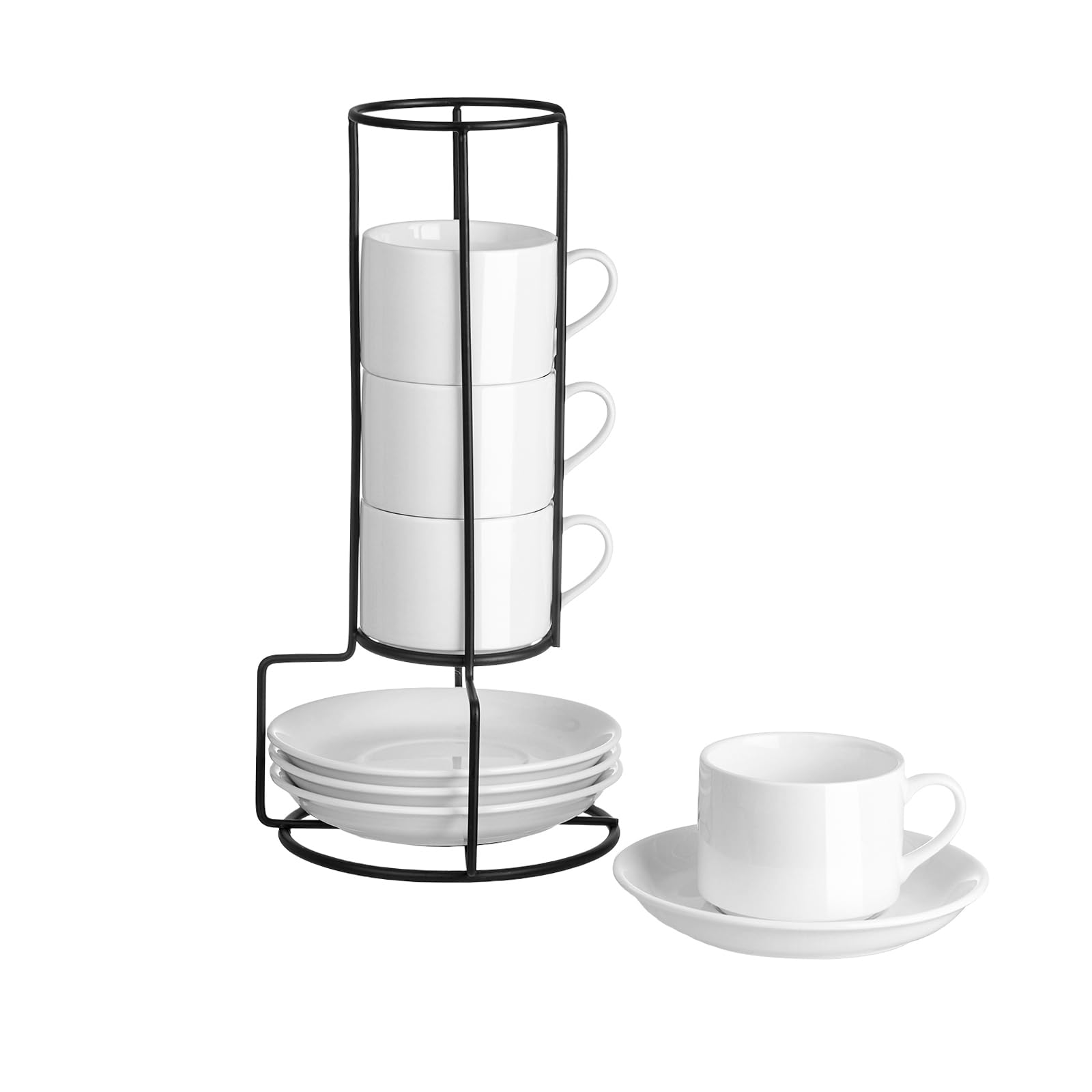 Meichu Espresso Cups Set of 4, 4oz Stackable Coffee Cups with Saucers and Metal Stand, White Demitasse Cups, Expresso Shots Cup Set