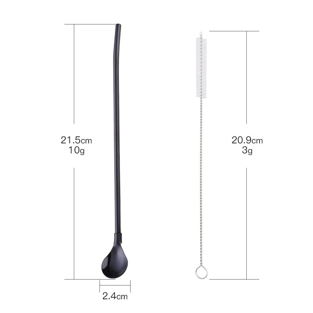 Straw Spoon, 8PCS 8.5inch 18/8(304) Stainless Steel Metal Straws Spoon Reusable Straws Spoon + 2 Brushes（Black）