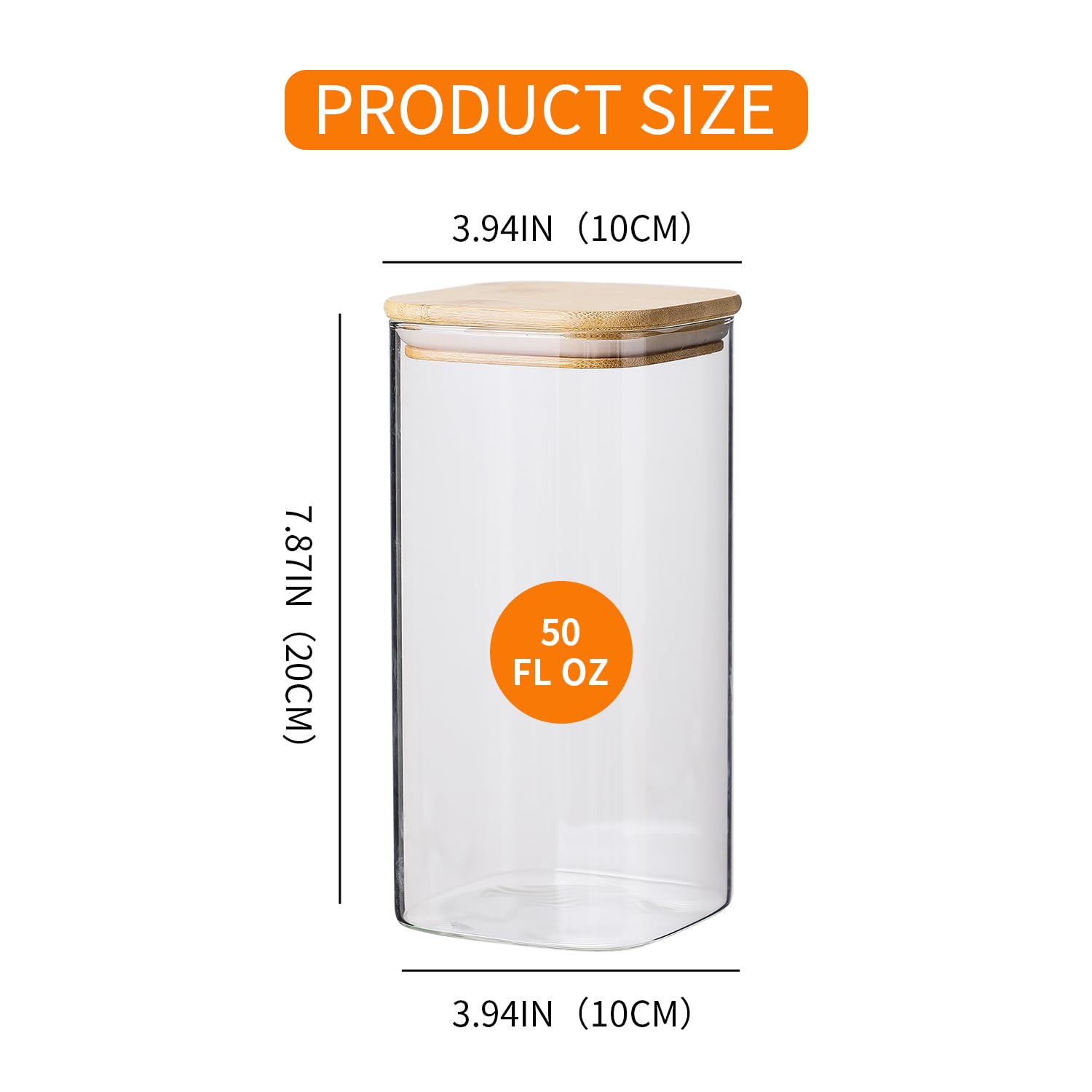 Homtop Glass Food Storage Containers with Lids, 50 Oz High Borosilicate Glass Jars for Coffee Bean, Candy, Cookie, Flour, Square