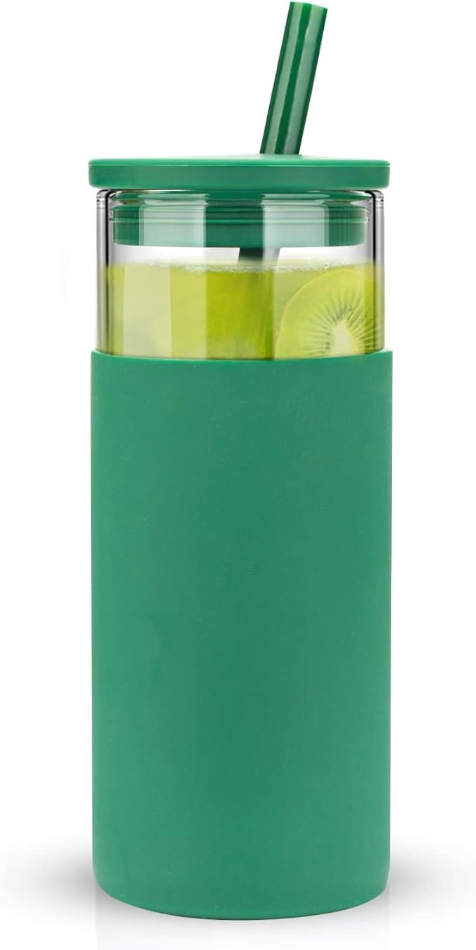 Tronco 20 oz Glass Tumbler With Lids and Straws, Reusable Smoothie Cups With Silicone Lid, Iced Coffee Cup With Silicone Protective Sleeve, Dishwasher Safe- BPA Free（Blackish Green 1 Count）
