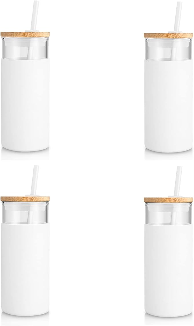 Tronco 20 oz Glass Tumbler Glass Water Bottle Straw Silicone Protective Sleeve Bamboo Lid - BPA Free -White/4 Pack