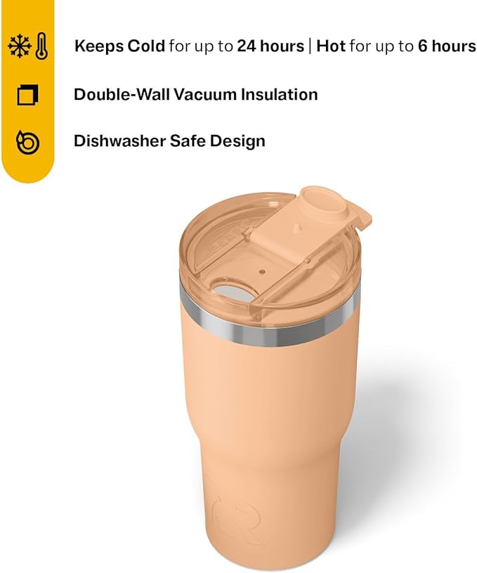 RTIC 20oz Essential Tumbler with Lid, Insulated, Stainless Steel, Metal, Double Wall Vacuum-Insulation, Ceramic Lined, Travel Cup for Iced Coffee, Tea, Hot and Cold Drink, Peach Tea