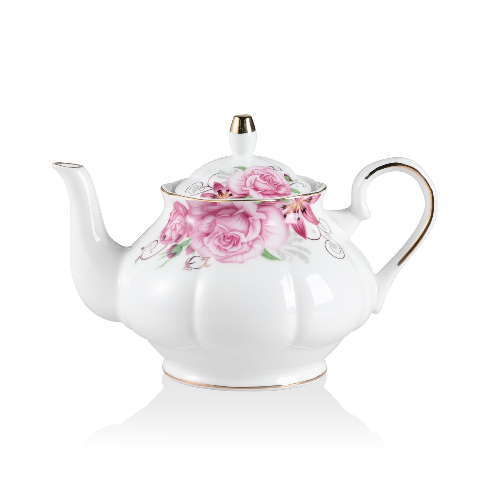 Sweejar Ceramic Teapot with Infuser, Floral Relief Gold Rimmed Teapot, 29 OZ Porcelain Tea Pot for Blooming and Loose Tea, Coffee...(Flower)