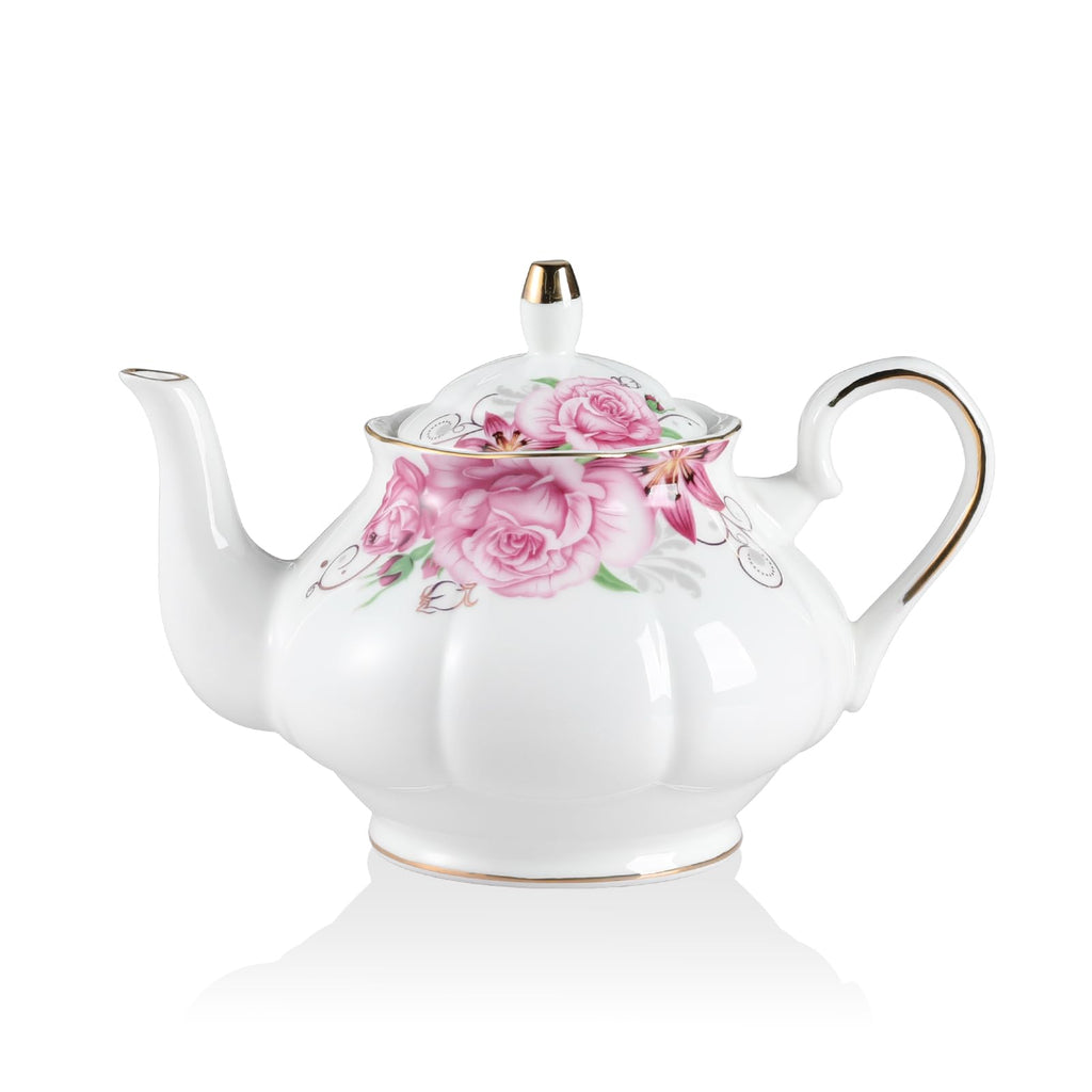 Sweejar Ceramic Teapot with Infuser, Floral Relief Gold Rimmed Teapot, 29 OZ Porcelain Tea Pot for Blooming and Loose Tea, Coffee...(Flower)