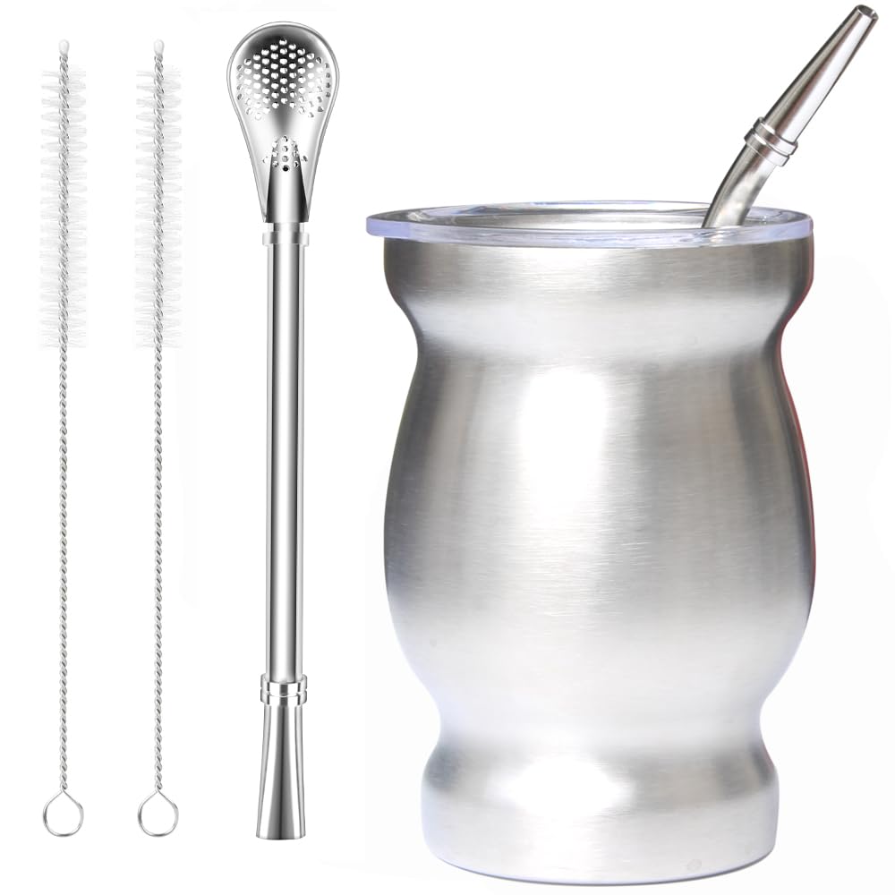 Beruth Bombilla Yerba Mate Gourd, 8oz Stainless Steel Tea Cup Set with a Multifunctional Lid, Two Straws and Cleaning Brushes, Double Walled Coffee Mug Heat Insulation Anti Scalding BR2301 (Brown)