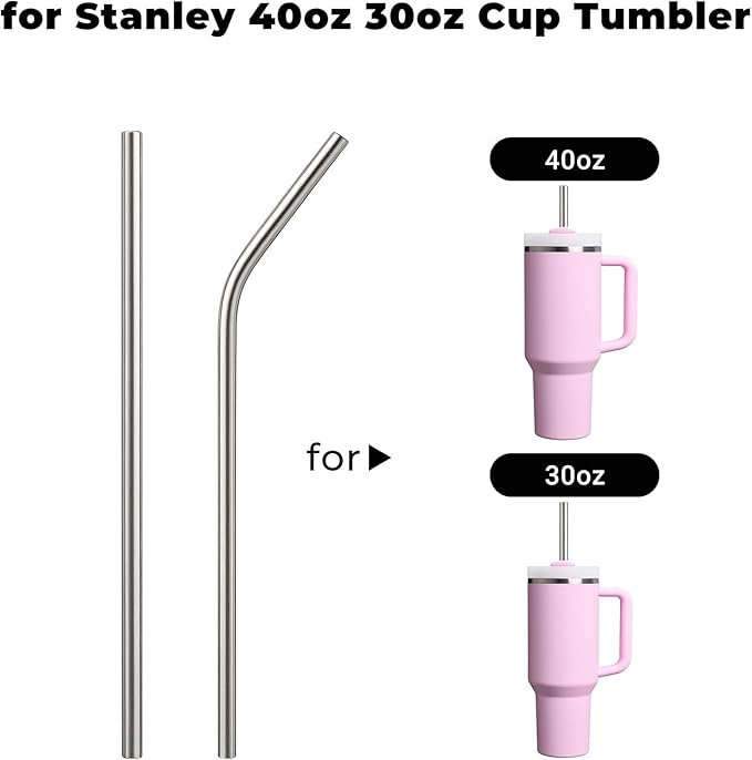 6 Pack Stainless Steel Straw Replacement for Stanley 40 oz 30 oz Tumbler,3 Straight + 3 Curved BPA Free Reusable Metal Straws with Cleaning Brush, 12Inch Long Drinking Reusable Accessories