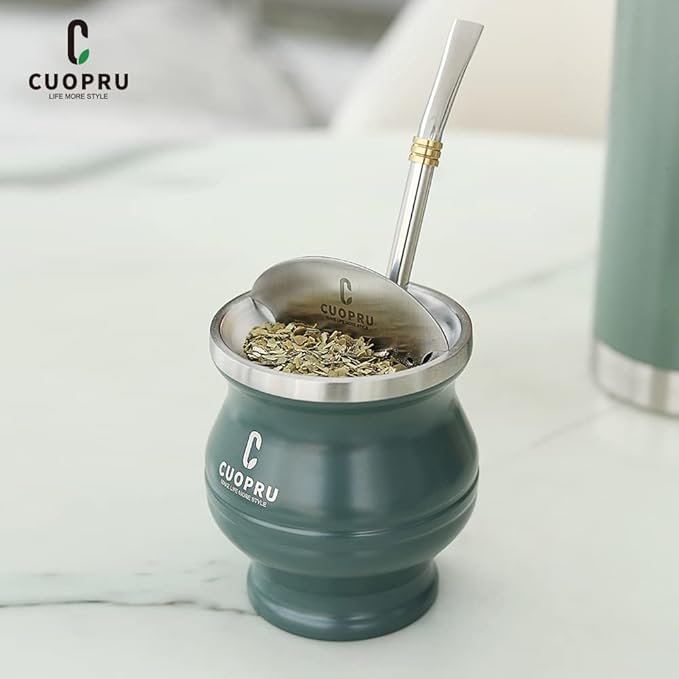 Yerba Mate Cup - Mate Gourd Set Includes Double Walled Stainless Steel Tea Cup, Tea Shaper set, Bombilla Straws, Cleaning Brush