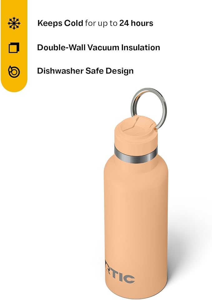 RTIC 16oz Journey Bottle Metal Stainless Steel Vacuum Insulated, BPA Free, Reusable, for Water, Hot and Cold Drinks, Travel, Sports, Camping, Peach Tea