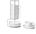 Sureasy Ceramic Espresso Cups Set of 4 – 4 oz White Embossed Cappuccino Cups with Saucers and Metal Stand, Stackable Mugs for Latte, Mocha, Tea, and Specialty Coffee