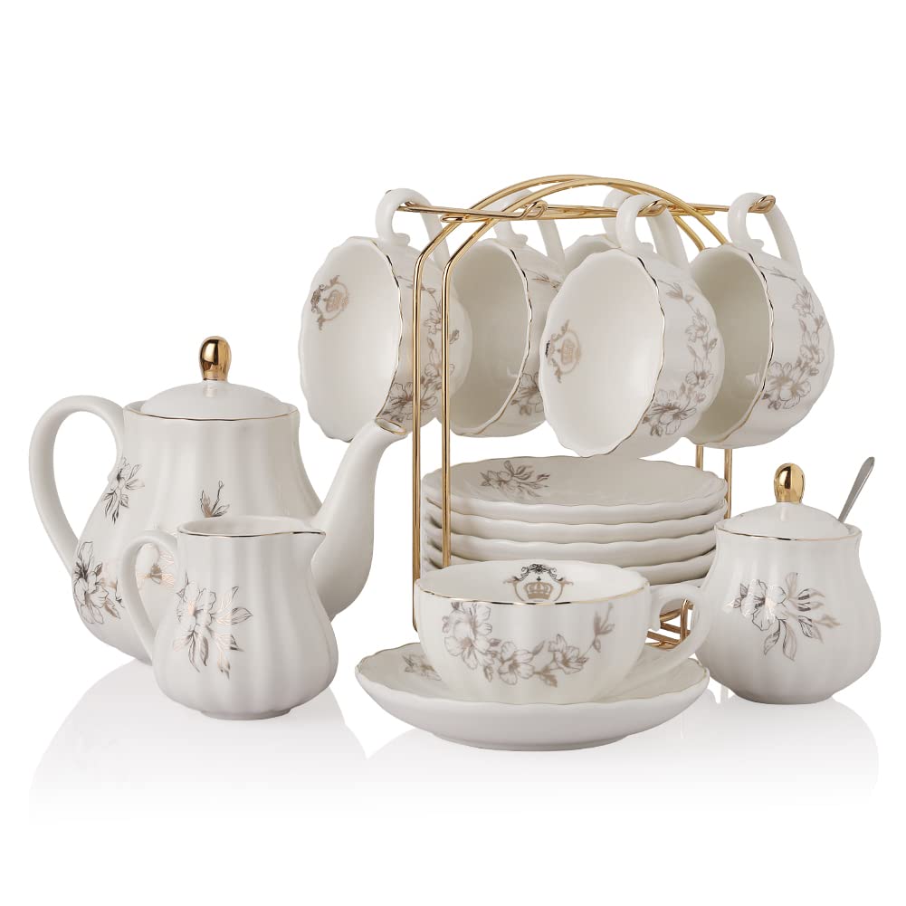 Sweejar Porcelain Tea Sets British Royal Series, 8 OZ Cups & Saucer Service for 6, with Teapot Sugar Bowl Cream Pitcher Teaspoons and Tea Strainer, Suitable for High Tea, Wedding, Party(Blush Pink)