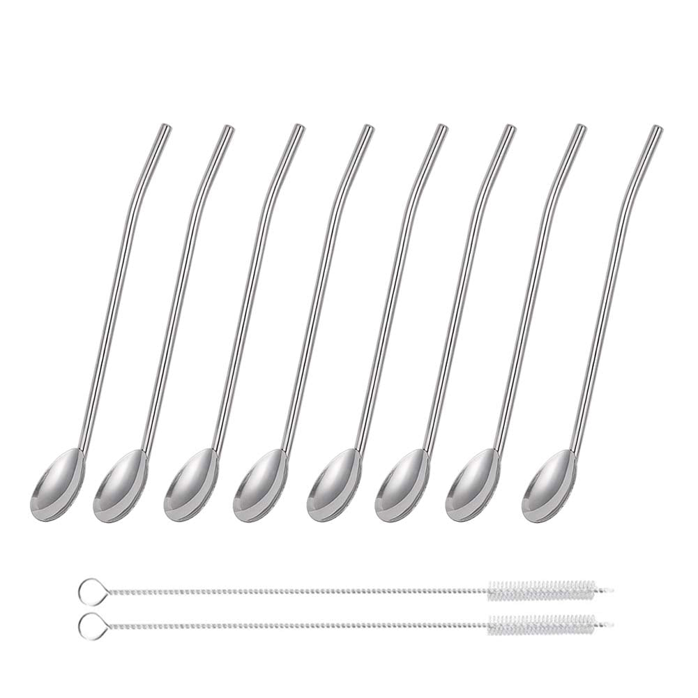 Sorfia 8pcs 2 in 1 Stainless Steel Straws Spoons with 2pcs Cleaning Brushes